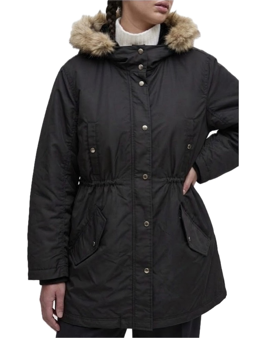 Madewell Belmont Hooded Parka Womens Size Large Black Removable Faux Fur Anorak